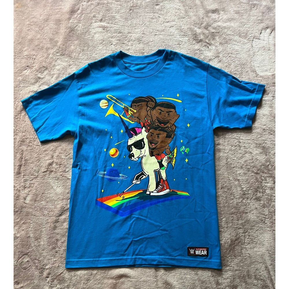WWE The New Day T-Shirt Medium Relax Fit‎ Blue Unicorn Rainbow Graphic Tee